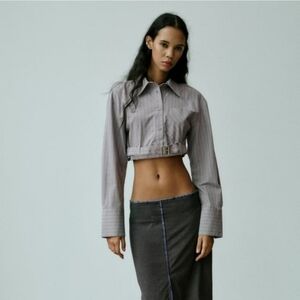 New Zara Striped Crop Shirt Jacket with Belt Bloggers Fave XXL NWT